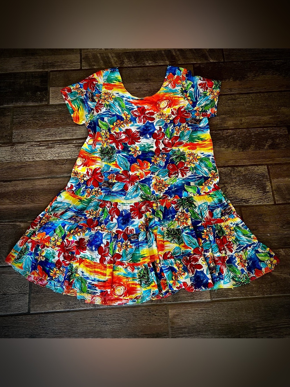 Hilo Hattie bright floral drop waist Hawaiian tiered dress L